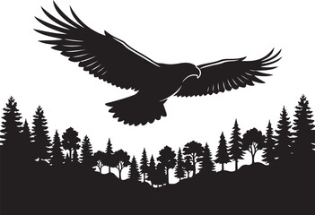 Fototapeta premium Black eagle flying over forest, silhouette landscape, vector illustration, wildlife scene