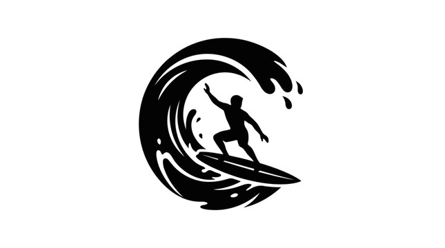 Surfer rides a massive breaking wave in a dynamic black and white silhouette graphic design style.