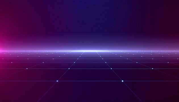 Abstract digital grid receding into a glowing horizon with vibrant pink and blue light.