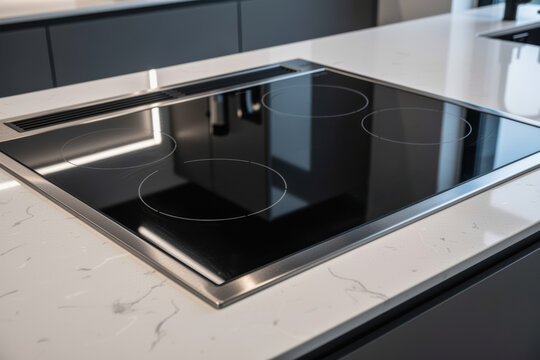 Induction cooktop installed in sleek marble countertop within modern kitchen