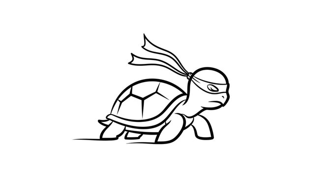 Ninja Turtle Running Fast, Cartoon Style, Black and White Outline