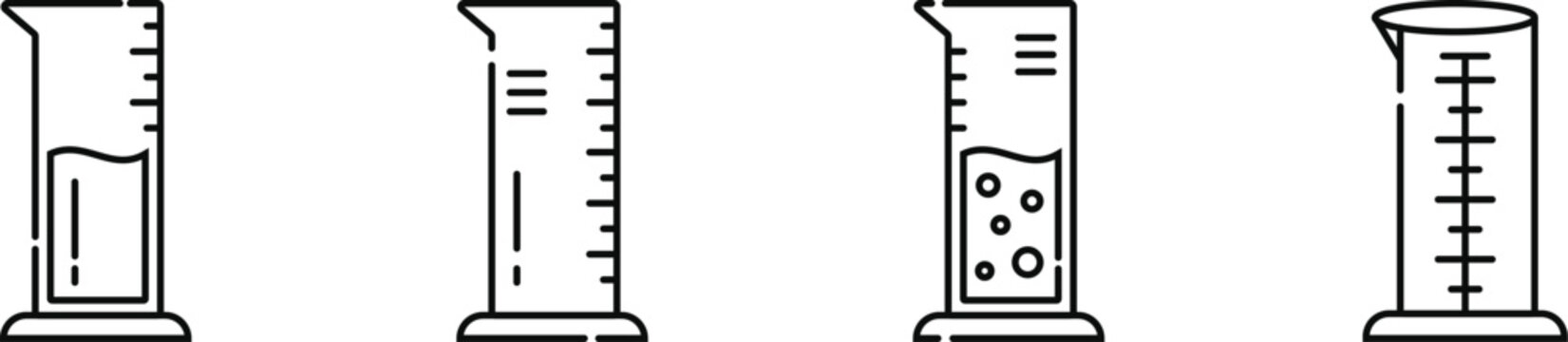 Hand Drawn Graduated Cylinder Icons Set Vector Illustration, Laboratory Measurement and Science Line Art Collection