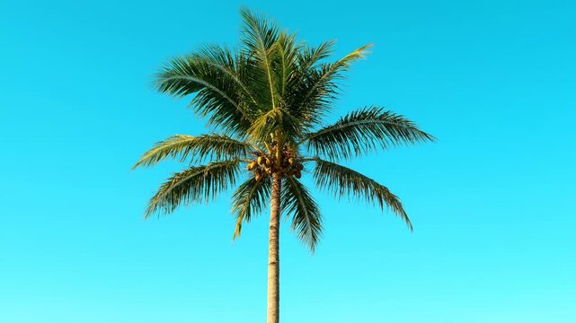 A tall, tropical palm tree with coconuts against a bright blue sky