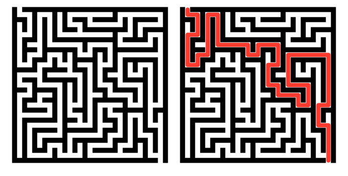 Labyrinth game grid, vector illustration style, black and red on white, puzzle solution visualization with solved path highlighted, educational brain teaser with copy space