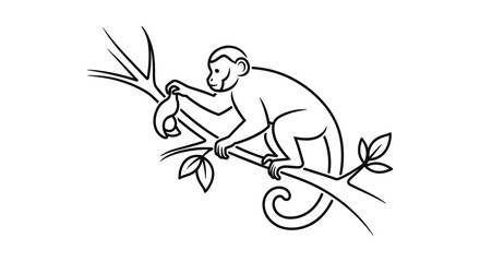 Fototapeta premium Monkey Sitting on Tree Branch Holding Banana - Line Art Illustration