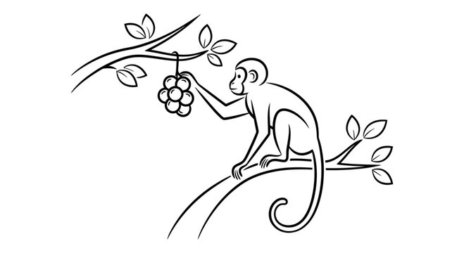 Monkey Reaching for Grapes on a Tree Branch - Line Art Illustration