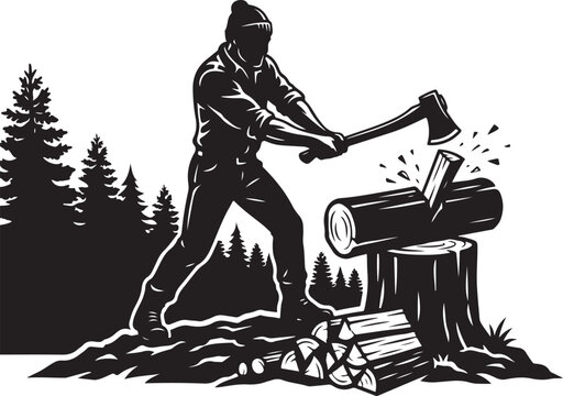 Lumberjack, axe in hand, chopping wood, forestry worker, logging icon, black and white vector
