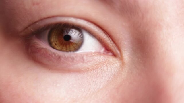Extreme close-up of a human eye with brown iris and detailed skin texture