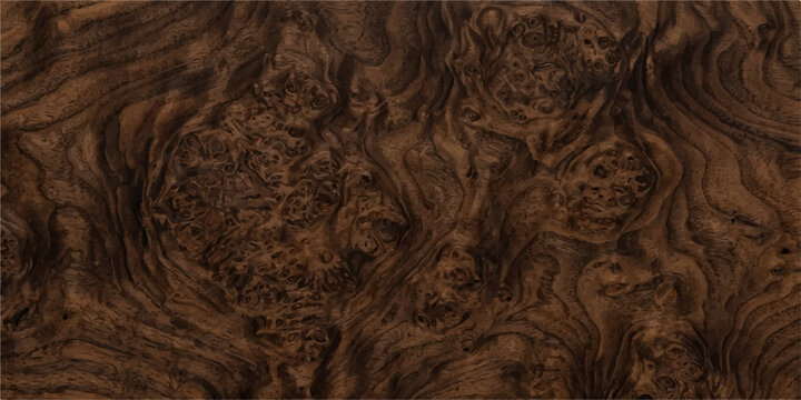 A close-up macro shot reveals the intricate, swirling grain pattern of a rich, dark burl wood texture, showcasing its natural beauty and organic complexity.