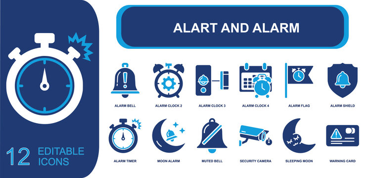 Alert and alarm icon set. Containing siren, warning, stopwatch, clock, emergency, notification, security, timer, danger, monitoring and more. Solid fill vector icons collection.