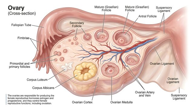 Large cross‑section of the human ovary showing ovarian cortex and medulla, primordial and primary follicles, secondary and mature Graafian follicles, corpus luteum, corpus albicans, ovarian blood vess