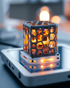 Side view of a thermalevaluation 3Dprinted prototype with embedded electronic components demonstrating heat dissipation performance in a controlled lab environment.