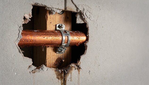 Close-up of a damaged wall revealing a wet, corroded copper pipe with visible water droplets and streaks, indicating a significant plumbing leak and structural issue