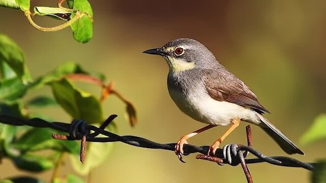 An exquisite small grey bird with a striking white eye-ring delicately perches on a weathered barbed wire, set against a softly blurred natural green background, capturing a tranquil outdoor moment