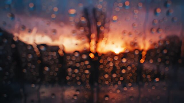 Raindrops on window glass during sunset landscape transition