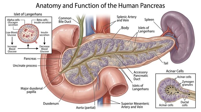 Comprehensive anatomical diagram of the human pancreas nestled in the curve of the duodenum, showing main and accessory ducts, islets of Langerhans, acinar cells, blood vessels, and insets explaining 