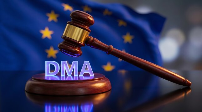Digital Markets Act (DMA) EU Legislation Enforcement Gavel for Big Tech Compliance and European Digital Market Impact Concept.