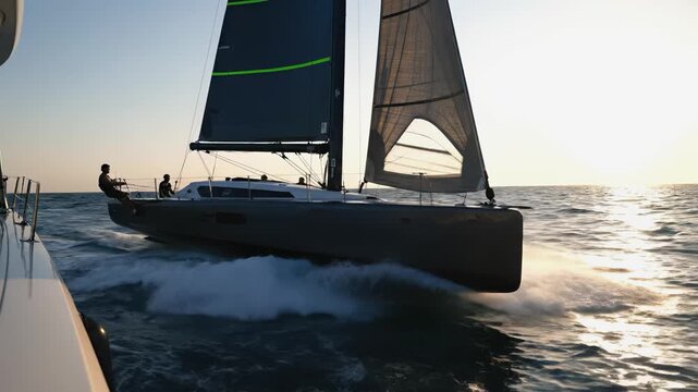 Dynamic sailing scene captures sleek yacht gliding through waves at sunset, showcasing motion and energy, camera follows with smooth dolly movement