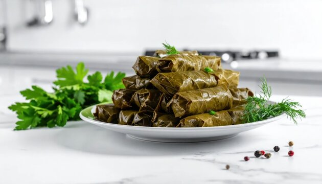 Delicious traditional Mediterranean and Middle Eastern dolma savory stuffed grape leaves neatly stacked on a white plate with fresh herbs in a modern kitchen setting