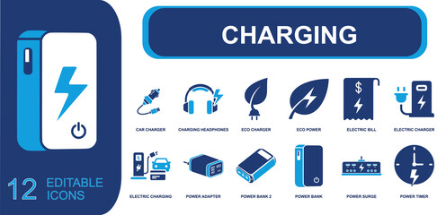 Charging icon set. Containing battery, power bank, electric plug, charger cable, wireless charging, energy, smartphone, electricity, voltage and more. Solid fill vector icons collection. © Samad
