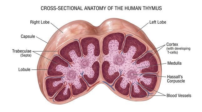 Transverse cross‑section of the human thymus displaying right and left lobes within a capsule, branching trabeculae forming lobules, darkly stained cortex packed with developing T cells, paler medulla