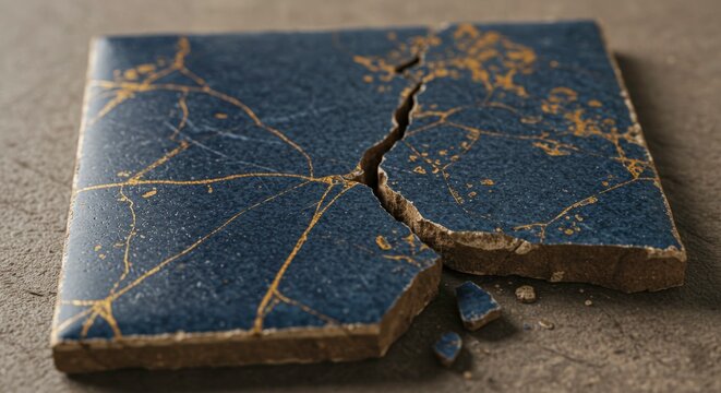 Broken cracked tile floor surface.