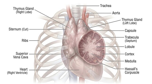 Anterior thoracic illustration showing the thymus gland overlying the heart and great vessels with inset cross‑section of a lobe revealing capsule, trabeculae, lobules, outer cortex packed with lympho