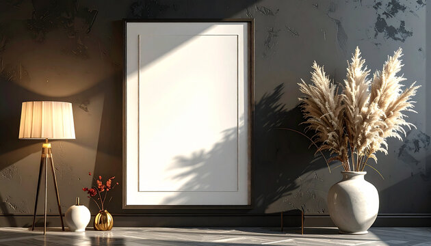 Blank framed poster mockup with lamp and decorative plants studio setting
