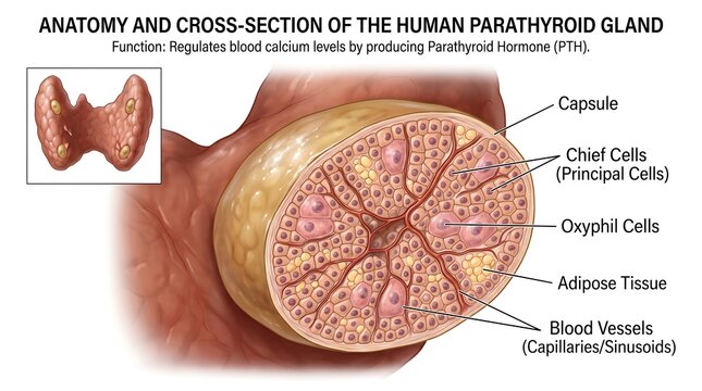 Detailed magnified view of a human parathyroid gland showing fibrous capsule, clusters of chief (principal) cells, scattered oxyphil cells, adipose tissue, and rich capillary blood vessels that produc