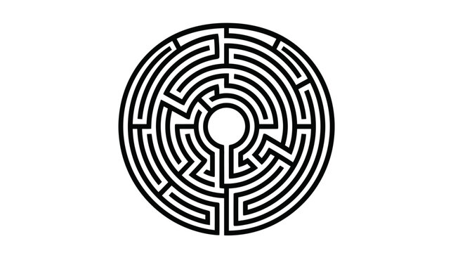 Maze symbol represents a complex circular puzzle path with a central opening on a white background.