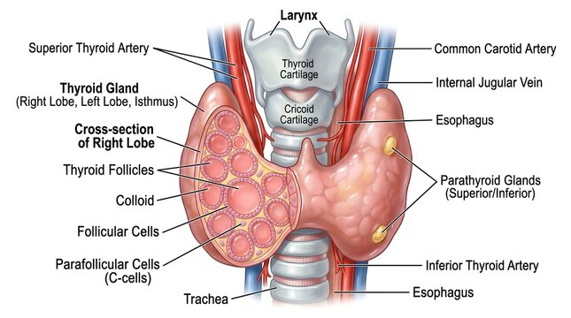 Frontal anatomical illustration of the human thyroid gland around the trachea with cross‑section of the right lobe, showing thyroid follicles filled with colloid, follicular and parafollicular cells, 