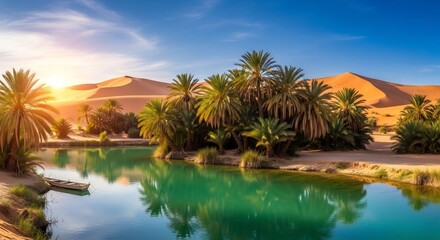 Fototapeta premium Serene Oasis in the Sahara Desert at Sunrise with Palm Trees and Turquoise Water.