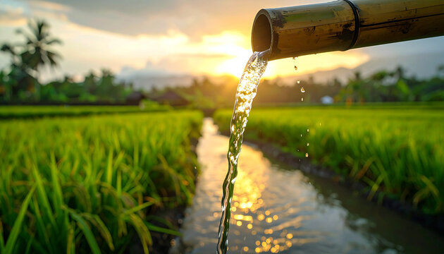 Clear water flows from bamboo spout into rice field at sunset