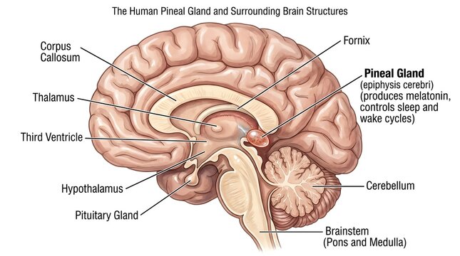 Overview sagittal diagram of the human brain showing pineal gland location relative to corpus callosum, fornix, thalamus, hypothalamus, third ventricle, pituitary gland, cerebellum, and brainstem, hig