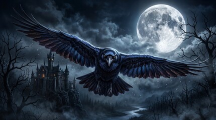 Fototapeta premium Gothic Raven Flying Night Landscape with Castle and Full Moon