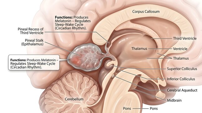 Sagittal brain illustration emphasizing the pineal gland and pineal stalk near the third ventricle, demonstrating its role in producing melatonin and regulating sleep&ndash;wake cycles, circadian rhythms, a