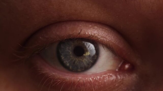 Extreme close-up of a human eye with blue-green iris and visible skin texture