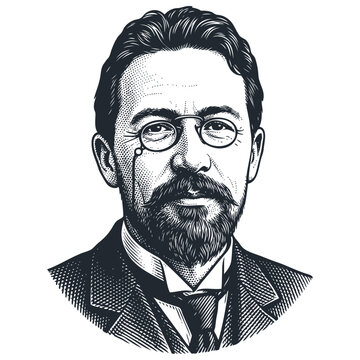 Vector portrait of Anton Chekhov, famous Russian playwright and author. Vintage monochrome engraved illustration of a classic literary figure.