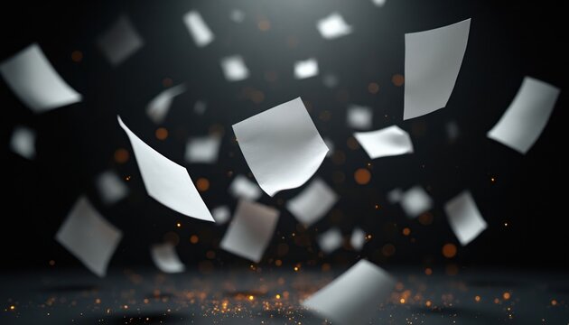White papers fly in dark space with scattered orange lights. Chaotic motion of documents and sheets in air. Business or office theme. Background.