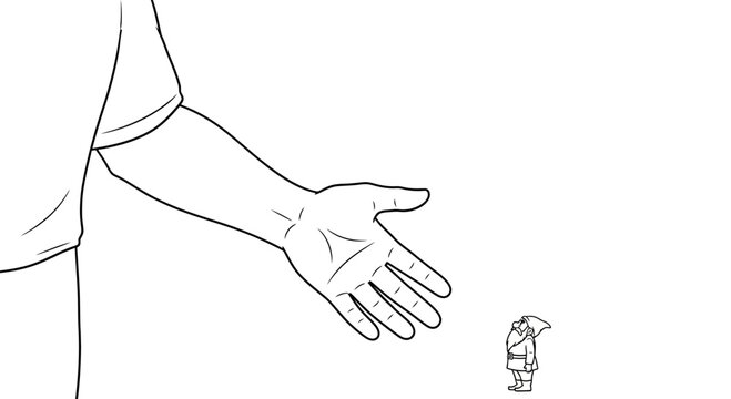 Giant Hand Reaching Out to Tiny Person, Concept of Help, Support, or Encounter
