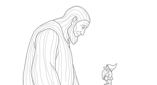 Giant Man Bending Down to Small Gnome with Beard and Hat, Fantasy Illustration