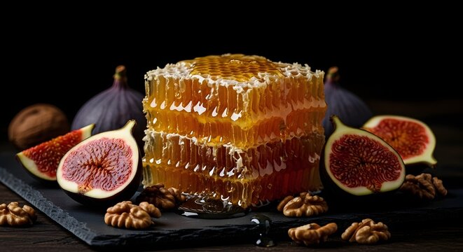 Layered fig and walnut cake with honey drizzle on dark slate