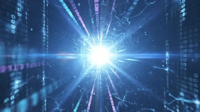 Digital Data Stream Through Futuristic Tunnel with Binary Code and Light Burst.