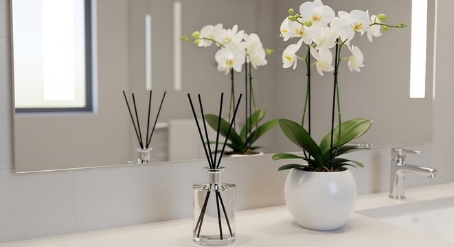 Elegant Bathroom Decor with White Orchids and Reed Diffusers.