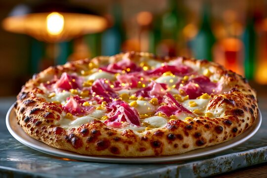 Gourmet panna mais pizza with prosciutto and corn in cozy restaurant