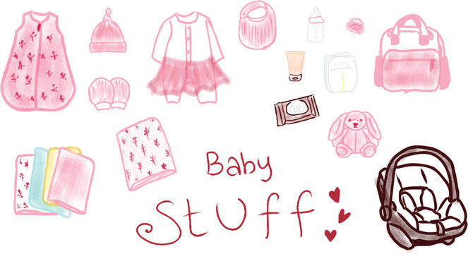 Soft crayon nobody stuff baby illustration set featuring baby clothes, baby bag, feeding bottle, accessories, and nursery essentials in pastel hand-drawn style isolated on transparent background