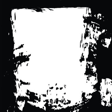 Distressed grunge frame vector, white ink splatter on black background, weathered border texture for vintage graphic design and urban overlays
