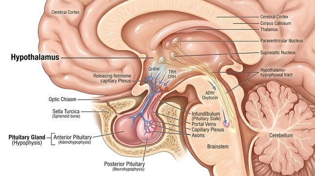 High‑detail sagittal illustration of hypothalamus and pituitary showing releasing hormones traveling through portal veins to the anterior pituitary, direct axonal connections to the posterior pituitar