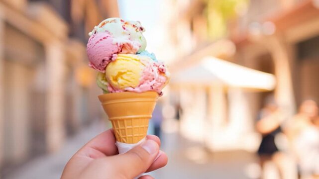 Enjoying a Cone of Colorful Ice Cream During Vacation in a Busy Street Generative AI