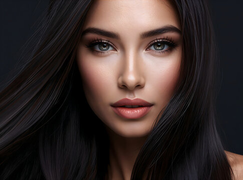 beautiful woman model portrait with beautiful shiny hair and attractive eyes